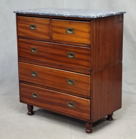 Antique English Mahogany Campaign Chest of Drawers With Antique Black Marble Top Cover