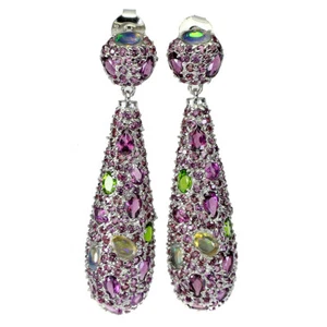 925 Sterling Silver Earrings Oval Fire Opal Chrome Diopside Rhodolite Gemstone - Picture 1 of 9