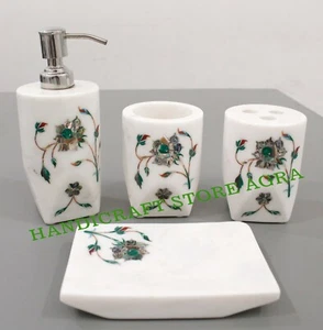 White Marble Inlay Luxury Bathroom Accessories Set OF 4 Pcs. Bathroom Décor gems - Picture 1 of 8