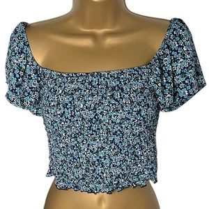 Willow + Root Smocked Off Shoulder Crop Top Sheer Sleeve Floral Navy S - Picture 1 of 4