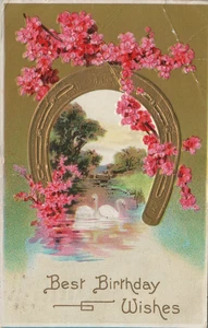 Beste Geburtstagswünsche geprägt Gold Hufeisen Schwäne Blume Fluss Szene Postkarte - Bild 1 von 2