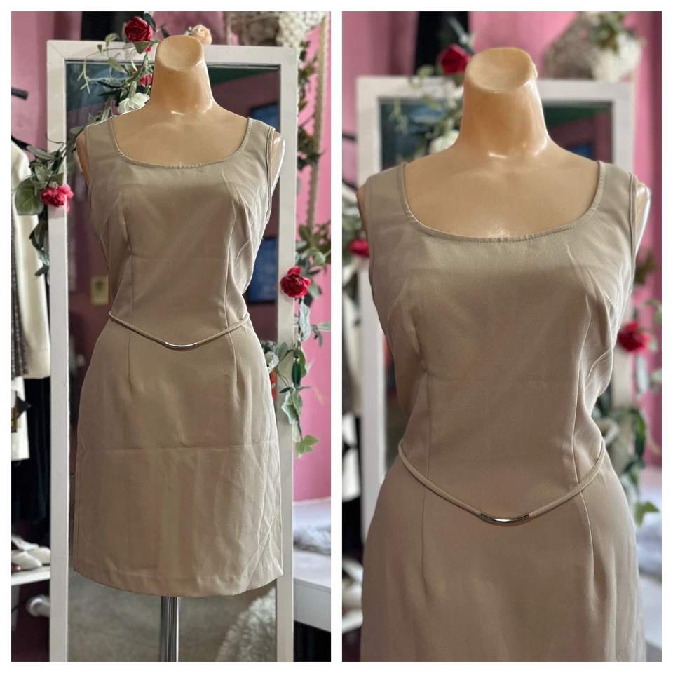复古 90 年代 Y2K 迷你连衣裙卡其色无袖极简主义野生动物园腰带学院风 M — 第 1/4 张图片