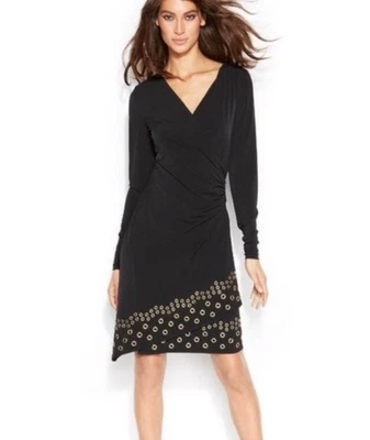 Vestido Michael Kors Imitación Envolvente Mujer Pequeño Negro Dorado Ojal Dobladillo Jersey Tejido Foto 1 de 4