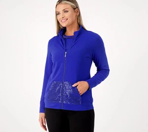 Quacker Factory French Terry Sequin Pocket Jacket Blue X-Large A552397 - Picture 1 of 1