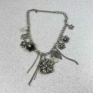 Vintage Unica Ornate Metal Pewter Floral Feather Beaded 21" Statement Necklace - Picture 1 of 9