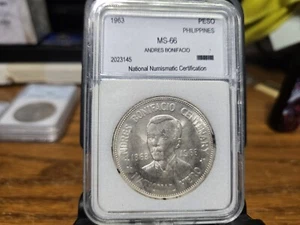 Schöne Silbermünze Philippinen 1863-1963 Peso Andres Bonifacio Hundertjahrfeier, getönt. - Bild 1 von 4