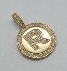 14K Yellow Gold Initial Letter R Circle Round Pendant Charm