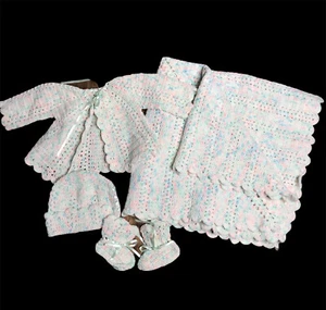 New Hand Made 4 Piece Baby Set Blanket Bonnet Booties Sweater Christening Afghan - Picture 1 of 11
