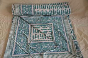 Blue Fish Handmade Cotton Bedding Wooden Hand Block Print Duvet Cover Two Pillow