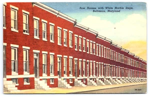 Casas a fila de postales vintage con escalones de mármol blanco Baltimore Maryland lino - Imagen 1 de 2