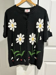 VTG. Quacker Factory Daisy / Ladybugs Knit Cardigan Black Sweater Womens S (L)? - Picture 1 of 11