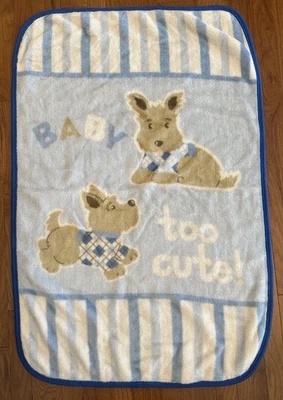 Mary Engelbreit Blue Puppy Scotty Dog Baby Too Cute Plush Blanket Throw Stripe - Image 1 of 4