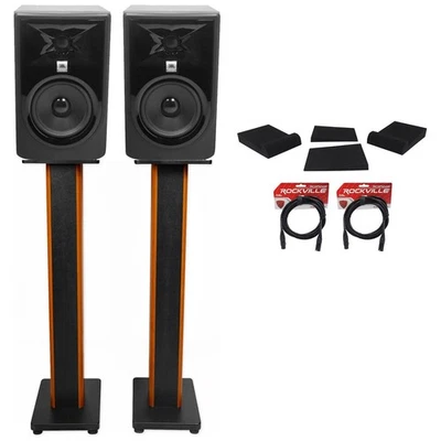 (2) Monitores de estudio JBL 305P MkII 5" + soportes de 36" + almohadillas de aislamiento + cables XLR Foto 1 de 4