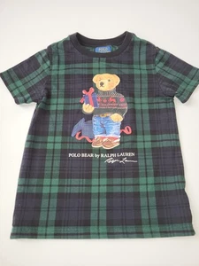 Kids Polo Ralph Lauren Holiday Polo Bear Short Sleeve Shirt size 6 green plaid - Picture 1 of 3