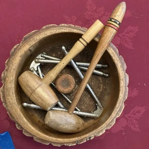 Vintage Rustic Nut Bowl with 3 Crackers/2 Mallets/ 1 Pick- Felt Bottom Deep Bowl - Picture 1 of 5