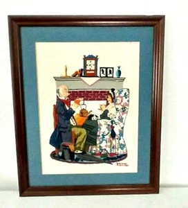 Norman Rockwell "Tea By The Fireplace" Cross Stitch Wall Hanging Framed 22" X18" - Picture 1 of 11