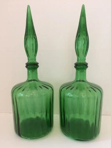 PAIR OF VINTAGE ITALIAN GREEN GLASS 'GENIE' DECANTERS/BOTTLES. EMPOLI STYLE. - Picture 1 of 12