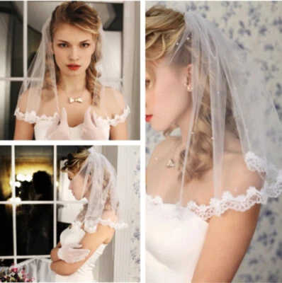 White Ivory Pearls Lace Bridal Veil Wedding Short Veil Tulle Mesh Veil with Comb - Image 1 of 4