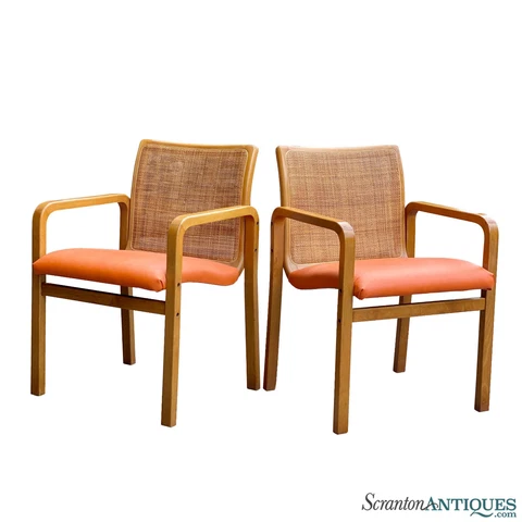 Mid-Century Boho Bentwood Cane Back Sculpted Orange Club Chairs - A Pair Cover