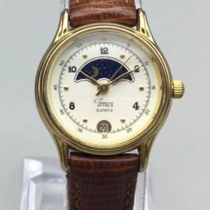 Vtg Timex Moon Phase Watch Women 24mm Gold Tone Date Leather Band New Battery - Picture 1 of 16