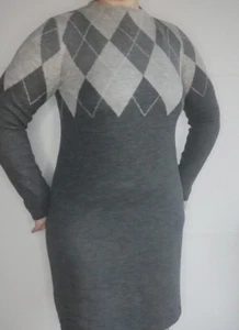 Hullhuber Women Gray Long Sleeve Wool Sweater Dress Argyle Ornament - Picture 1 of 12