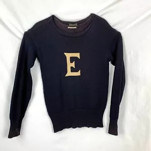 Antique Hand Knit Letter Sweater White Felt E Navy Blue Wool Pullover Flawed - Picture 1 of 10