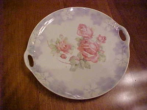 GERMANY DOUBLE HANDLED CAKE PLATE 10" FLORAL LUSTRE DESIGN WITH PINK ROSES - Picture 1 of 4
