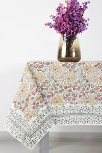 Canary Yellow 100% Cotton Boho Rectangle Tablecloth, Handblock Print Floral Tabl - Picture 1 of 7