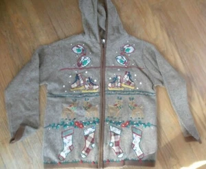 Victoria Jones Christmas Sweater Zip Cardigan Hoodie Brown Sz sm Appliqued EUC - Picture 1 of 3