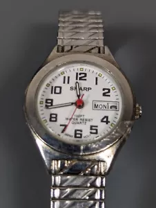 Sharp White Dial Day Date Silver Tone Round Case Stainless Steel Stretch Watch - Picture 1 of 5