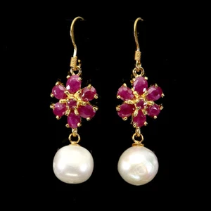 925 Sterling Silver Earrings Oval Ruby Myanmar 4x3mm Pearl Gemstone Jewelry - Picture 1 of 14