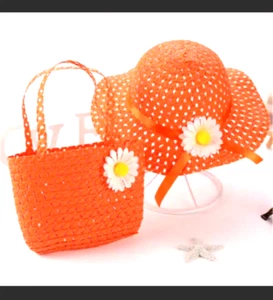2-Piece Girls Orange  Straw Hat & Bag Set with Daisy - Picture 1 of 1