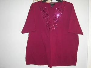 Gr. 18/2 EUC! Lane Bryant Woman Top SS Damen Plus Burgunderrot Pailletten - Bild 1 von 3