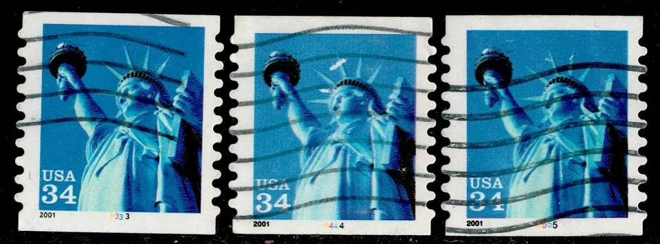 США #3477 Статуя Свободы 34c (2001) PNC1 #3333, 4444, 5555 Б/У - Изображение 1 из 1