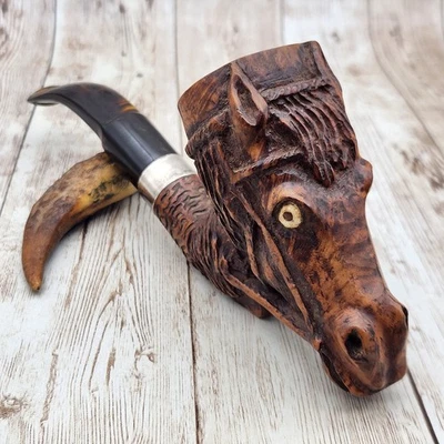 RARO R.C. Pipa de cabeza de caballo Johnson tallada y firmada a mano con manipulación de asta firmada Foto 1 de 4