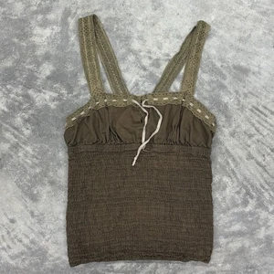 Y2K Free People XS braun gesmoktes Cami Spitzenbesatz Top Cottagecore Babydoll Baumwolle - Bild 1 von 12