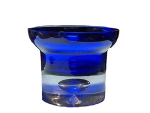 Vintage Krosno Cobalt Blue & Clear Crystal Candle Holder Trapped Bubble Base - Picture 1 of 10