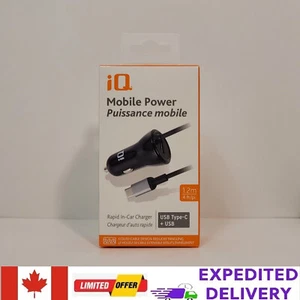 iQ Mobile Power: Rapid In-Car Charger | Type C + USB Black 4FT - Photo 1 sur 5