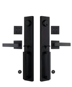 Virego Double Front Entry Door Handle Set W/ Dummy, Modern Iron Black Handleset - Picture 1 of 9