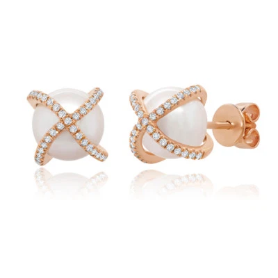 14K Rose Gold Freshwater Pearl Diamond Stud Earrings Natural Crossover X - Image 1 of 2