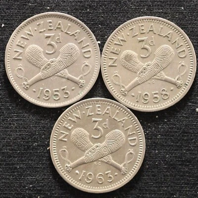 Lote de 3 monedas de alta calidad: 1953, 1958, 1963 ~ monedas de 3 peniques de Nueva Zelanda (F374) Foto 1 de 2
