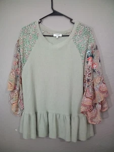 Umgee Size M Ruffle Trim Floral Print Bell Sleeves Waffle Knit Peplum Top - Picture 1 of 7