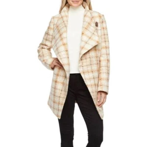 Liz Claiborne Sz Large Coat Beige Cream Plaid Knit Boucle Crossover Pockets NWT - Picture 1 of 23