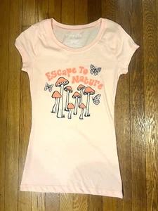 Escape To Nature Shirt Wound Up Orange Junior Women Size Short Sleeve Mushroom - Picture 1 of 11