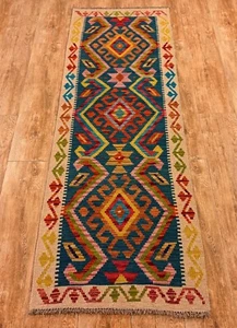 Alfombra de lana azteca Kilim Runner afgana/turca hecha a mano multicolor, talla 213x68 CM - Imagen 1 de 7