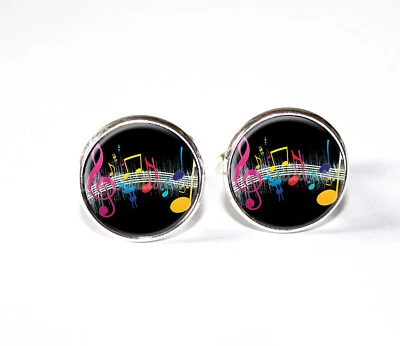 Gemelos redondos de vidrio hechos a mano con diseño de notas musicales coloridas regalo para él Foto 1 de 4