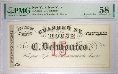 1860's 15c C. Delmonico, Beaver St. House New York Merchant Scrip PMG 58 - Image 1 of 2