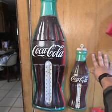 Two VIntage Antique Coca Cola Bottle Tin Thermometer USA 1950s Lot ESTATE SELL