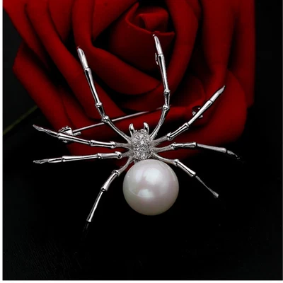 Vintage Rhinestone Spider Brooch Silver Pearl Pin Insect Bug Jewelry Summer Gift - Image 1 of 4