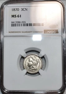 NGC MS-61 1870 Nickel Three Cent Piece, Highly Lustrous, Attractive beautiful - Picture 1 of 5